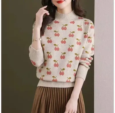 Women's Cashmere Sweater Autumn And Winter New Half Turtleneck Bottoming Shirt Beige - Shop at LoveMi