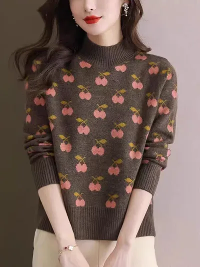 Women's Cashmere Sweater Autumn And Winter New Half Turtleneck Bottoming Shirt Brown - Shop at LoveMi