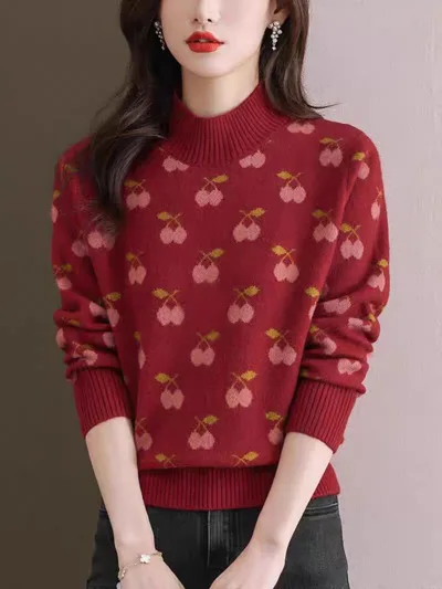 Women's Cashmere Sweater Autumn And Winter New Half Turtleneck Bottoming Shirt Red - Shop at LoveMi