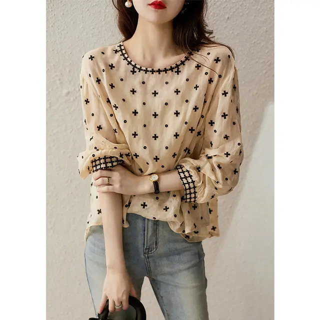 New Heavy Work Embroidered Girly Style Shirt Beige Apricot - Shop at LoveMi
