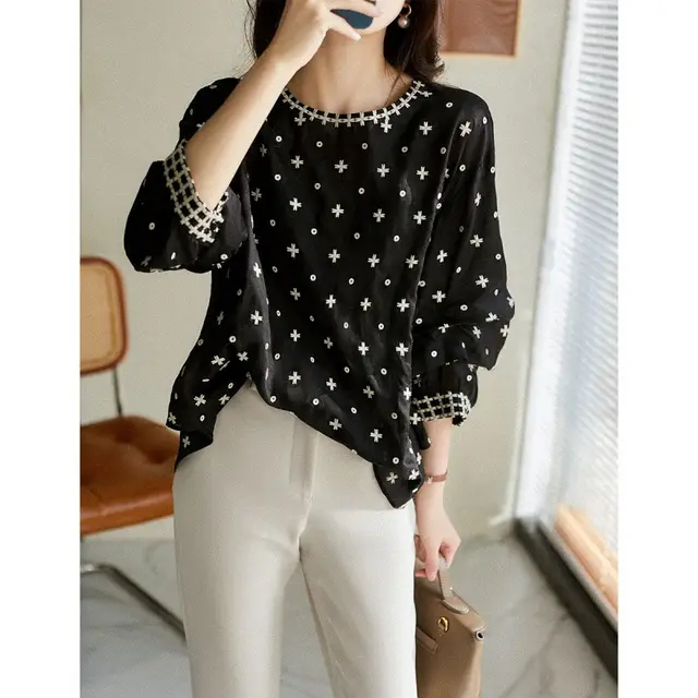 New Heavy Work Embroidered Girly Style Shirt Black - Shop at LoveMi