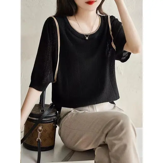 Summer New Loose Thin Mid Sleeve Round Neck Top Black - Shop at LoveMi