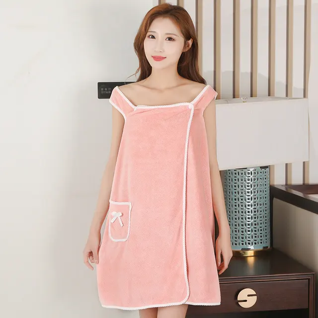 Wearable Bath Towels Suspenders Coral Fleece Bath Skirt Pink - Shop at LoveMi