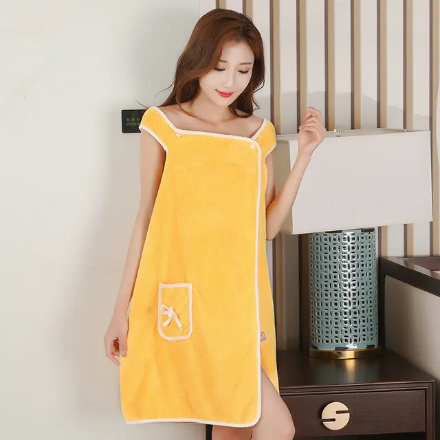 Wearable Bath Towels Suspenders Coral Fleece Bath Skirt Yellow - Shop at LoveMi