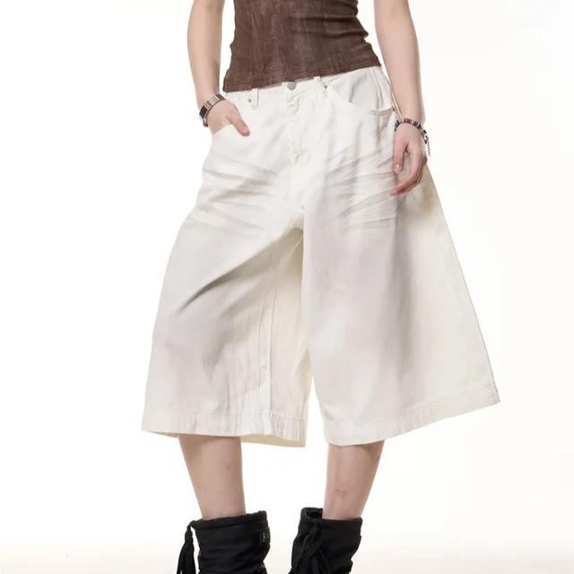 Retro Distressed Cropped Jeans Straight Loose fitting Wide leg Short Jumpsuit White - Shop at LoveMi
