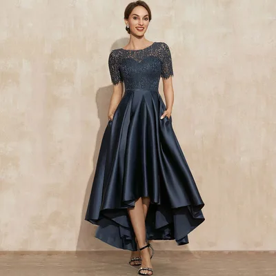 Navy Blue Satin Ball Lace Short Sleeve Dress Blue - Shop at LoveMi