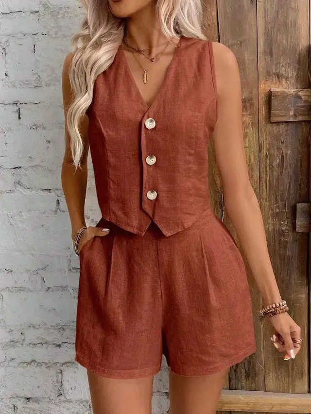 Leisure Commute Front Button Vest And Shorts Suit Brick Red - Shop at LoveMi