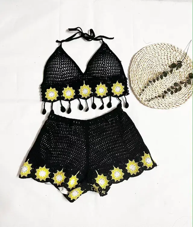 Vacation Style Woven Cutout Sling Slimming Shorts Suit Black - Shop at LoveMi