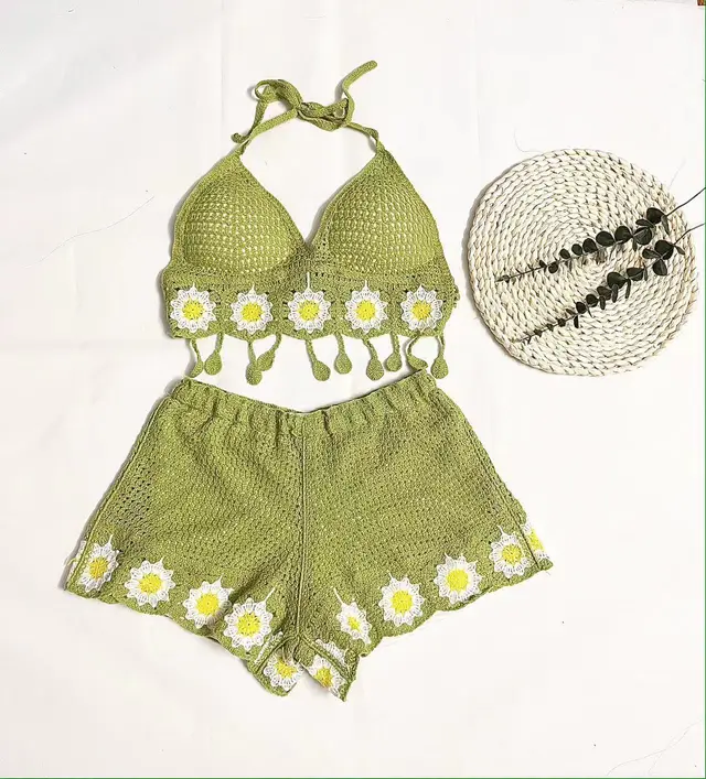 Vacation Style Woven Cutout Sling Slimming Shorts Suit Grass Green - Shop at LoveMi