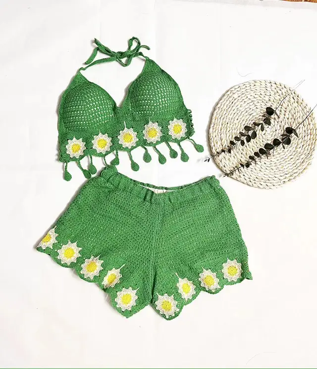 Vacation Style Woven Cutout Sling Slimming Shorts Suit Ocean Green - Shop at LoveMi