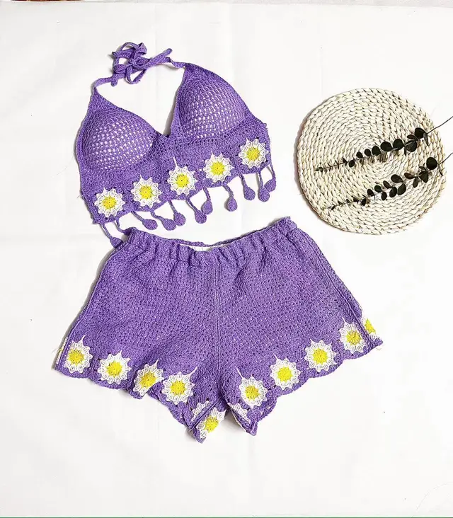 Vacation Style Woven Cutout Sling Slimming Shorts Suit Purple - Shop at LoveMi