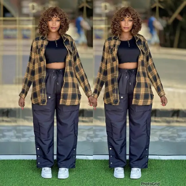 Women's Fashion Casual Simple Plaid Shirt Multi pocket Cargo Pants Plus Size Three piece Suit Black - Shop at LoveMi