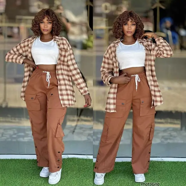 Women's Fashion Casual Simple Plaid Shirt Multi pocket Cargo Pants Plus Size Three piece Suit Brown - Shop at LoveMi