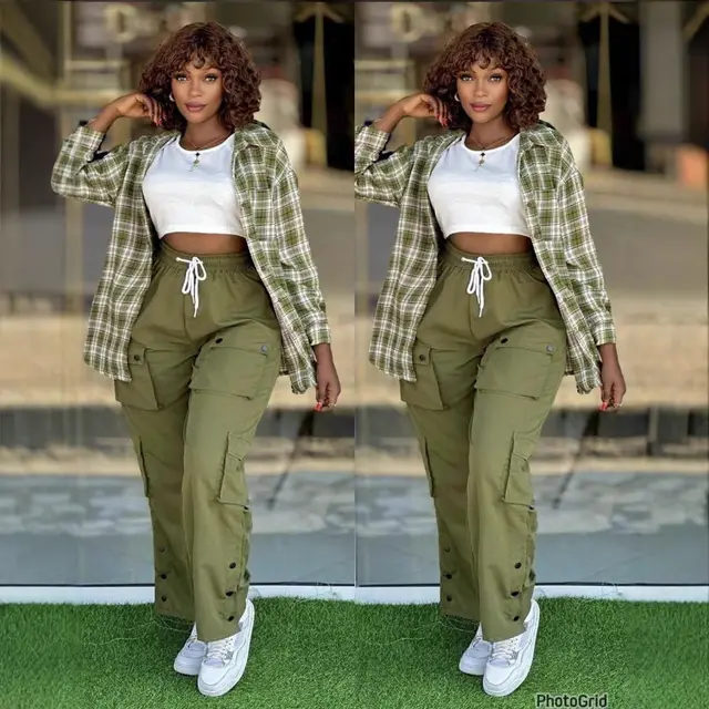Women's Fashion Casual Simple Plaid Shirt Multi pocket Cargo Pants Plus Size Three piece Suit Green - Shop at LoveMi