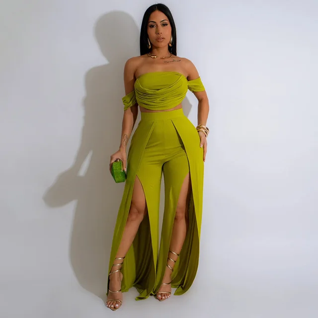 Fashion Women's Casual Tube Top Split Wide Leg Pants Suit Green - Shop at LoveMi