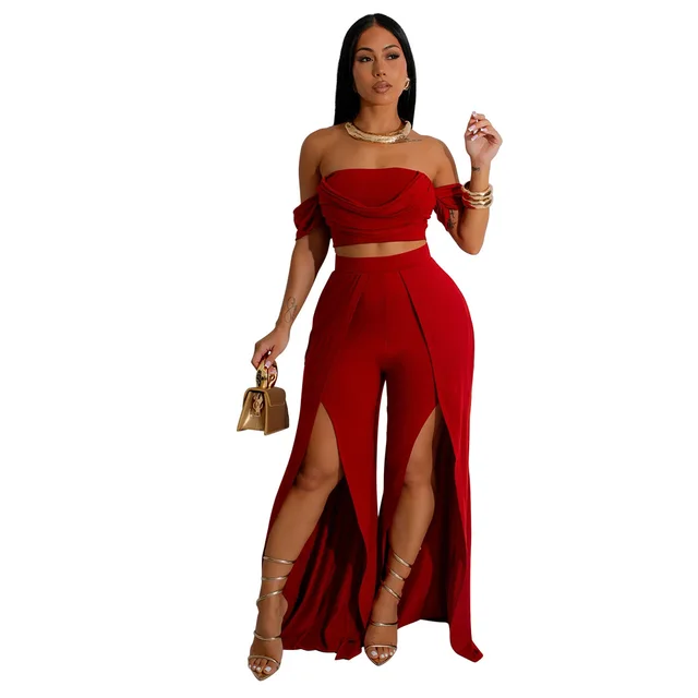 Fashion Women's Casual Tube Top Split Wide Leg Pants Suit Red - Shop at LoveMi