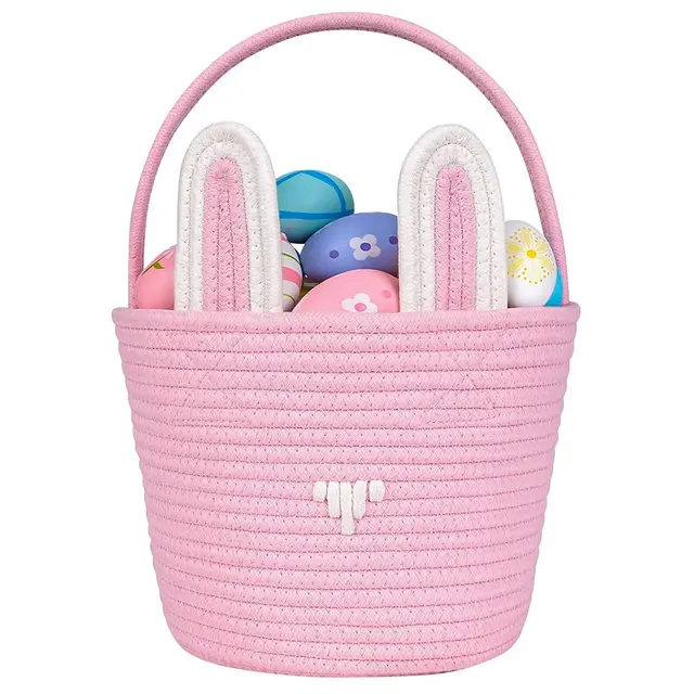 Easter Egg Portable Basket Cartoon Rabbit Hand woven Cotton Cord Candy Bag Pink - Shop at LoveMi