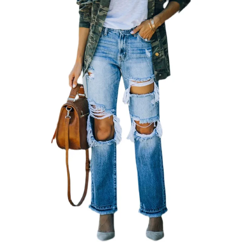 Ripped Foot Burr Fashion Straight Pants - Denim Blue