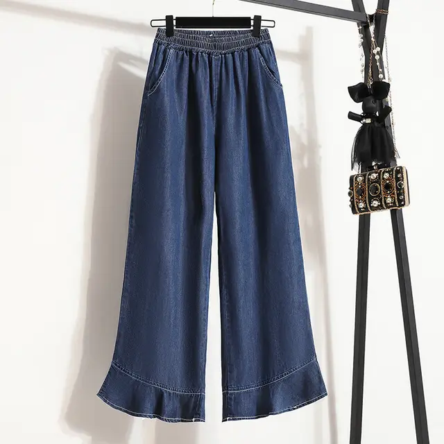 Thin Loose Casual Flared Pants Cropped Trousers Dark Blue - Shop at LoveMi