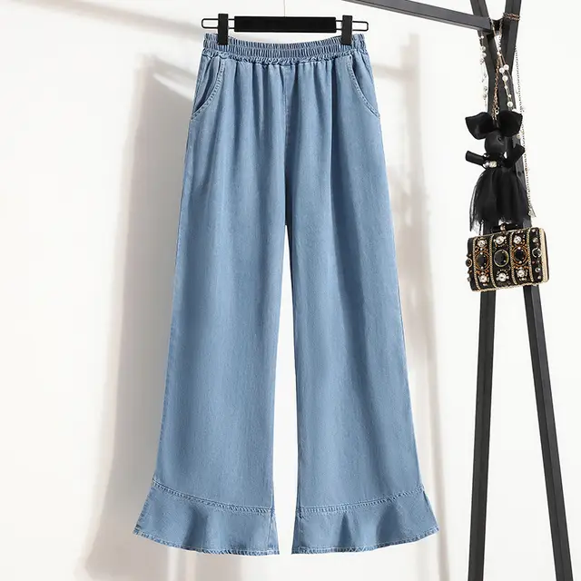 Thin Loose Casual Flared Pants Cropped Trousers Light Blue - Shop at LoveMi