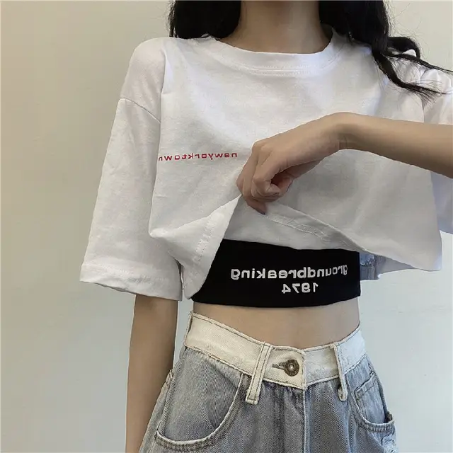 Two Piece Set Crop top Short Top Loose High Waist T shirt Women White Short Sleeve With Vest - Shop at LoveMi