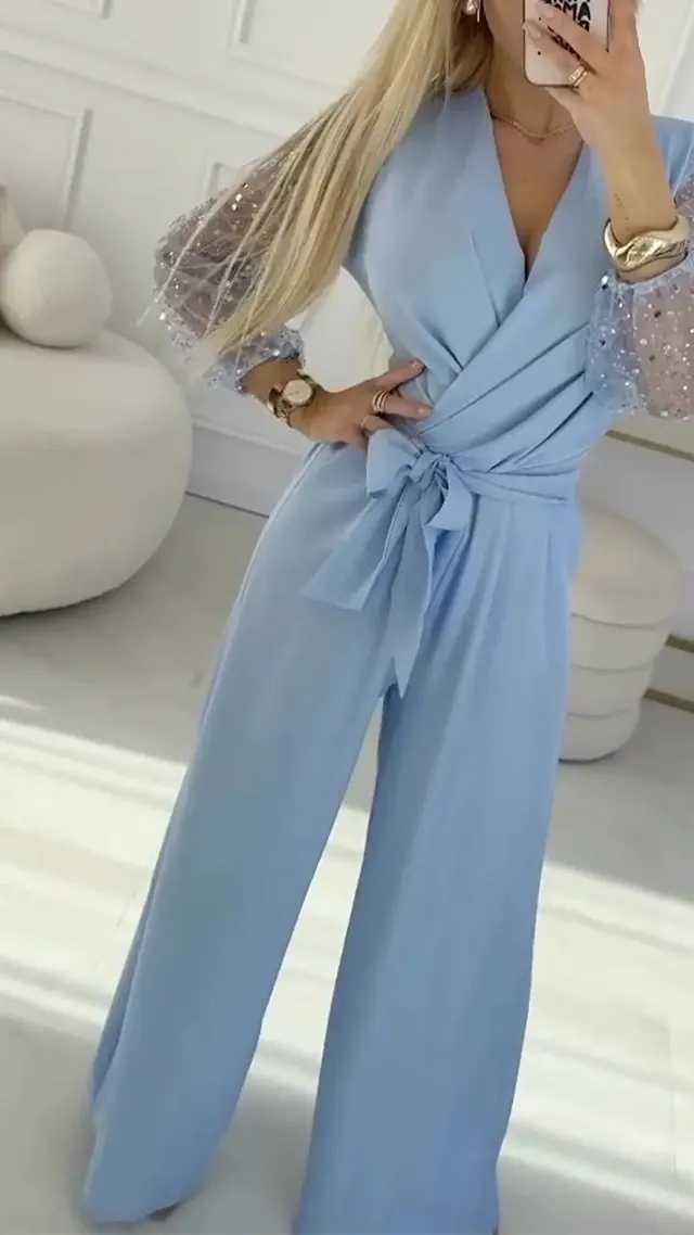 Sequined Top Wide Leg Pants Casual Suit Women Blue - Shop at LoveMi