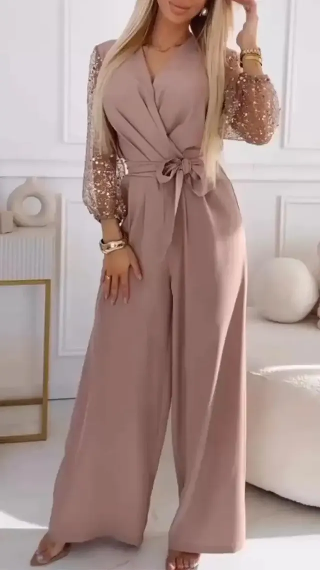 Sequined Top Wide Leg Pants Casual Suit Women Cameo Brown - Shop at LoveMi