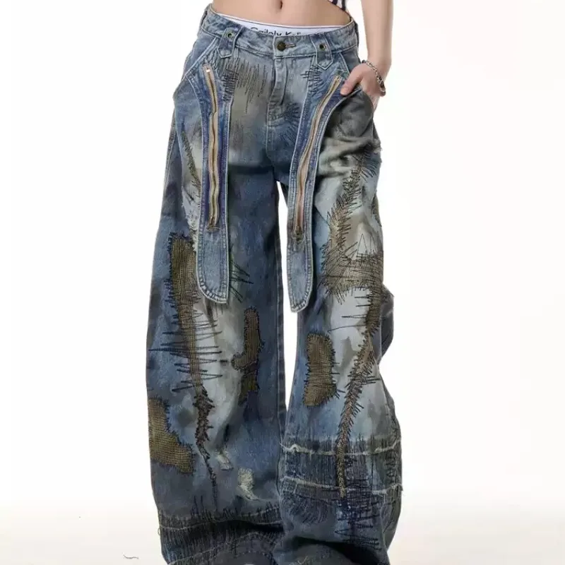 Retro Distressed Stain Dirty Dyed Machete Denim Pants Blue - Shop at LoveMi