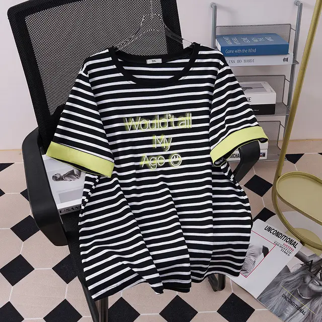 Color Matching Short sleeved T shirt Slimming Round Neck Black Background - Shop at LoveMi