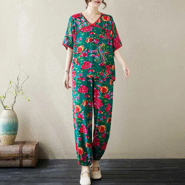 V neck Frog Button New Northeast Chain Link Fencing Red Style Top Ankle tied Anti Mosquito Pants Two piece Set Green - Shop at LoveMi