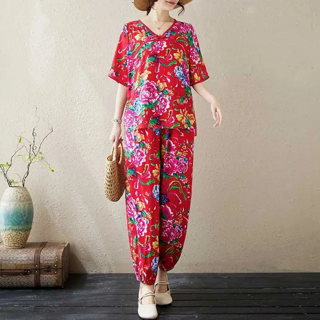 V neck Frog Button New Northeast Chain Link Fencing Red Style Top Ankle tied Anti Mosquito Pants Two piece Set Red - Shop at LoveMi