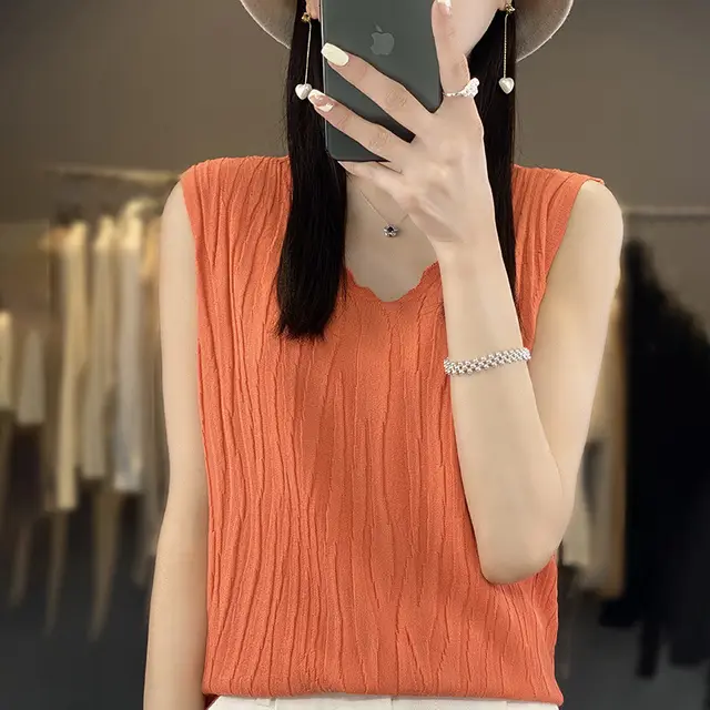 Women's V neck Ice Silk Camisole Sleeveless Top Grapefruit Red - Shop at LoveMi