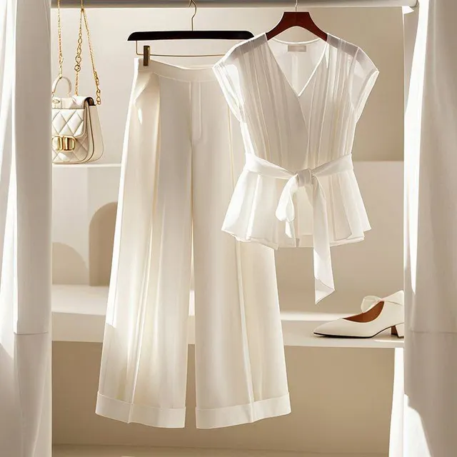 Fashionable French White Top With Temperament Slimming Two piece Pants Set - Shop at LoveMi
