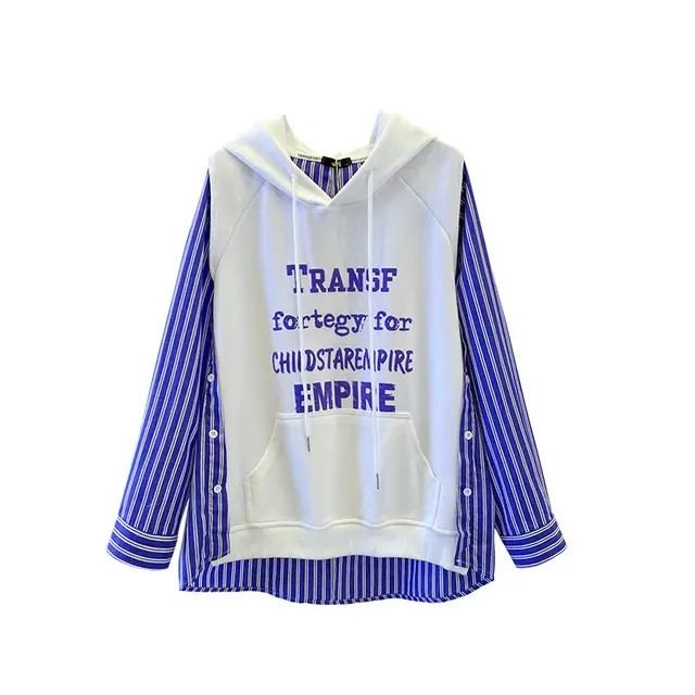 Plus Size Women's Fake Two piece Hooded Sweater Stitching White - Shop at LoveMi