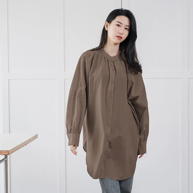 Women's Shirt Dress Cotton Loose Long - Coffee