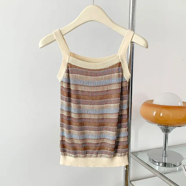 Knitted Inner Match Striped Spaghetti Straps Small Vest Outer Wear Striped Colors - Shop at LoveMi