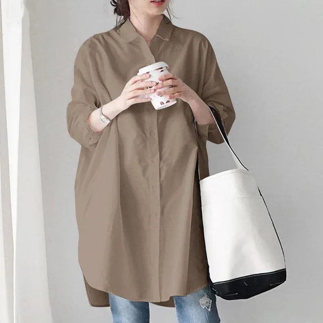 Women's Long Sleeve Loose Casual Irregular Top Khaki - Shop at LoveMi