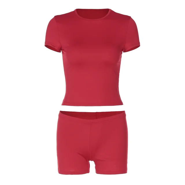 Solid Color Short Sleeve Top Casual Shorts Suit Red - Shop at LoveMi
