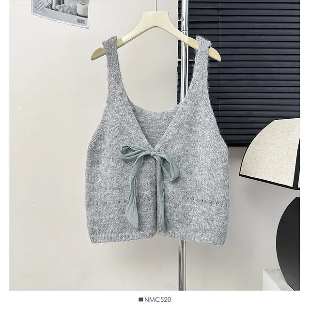 Korean Style Sleeveless Bow Design Double sided Wear Bandage Dress Vest Sweet Gray - Shop at LoveMi