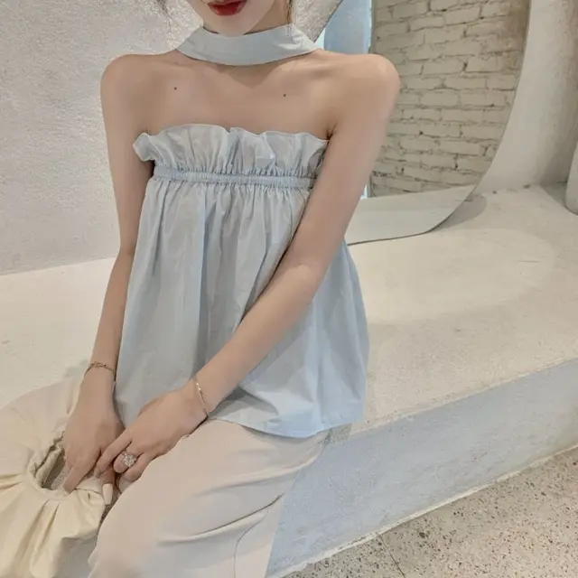 Sexy Halter Tube Top Sleeveless Vest Women's Summer Design Sense Loose Belly covering Blue - Shop at LoveMi