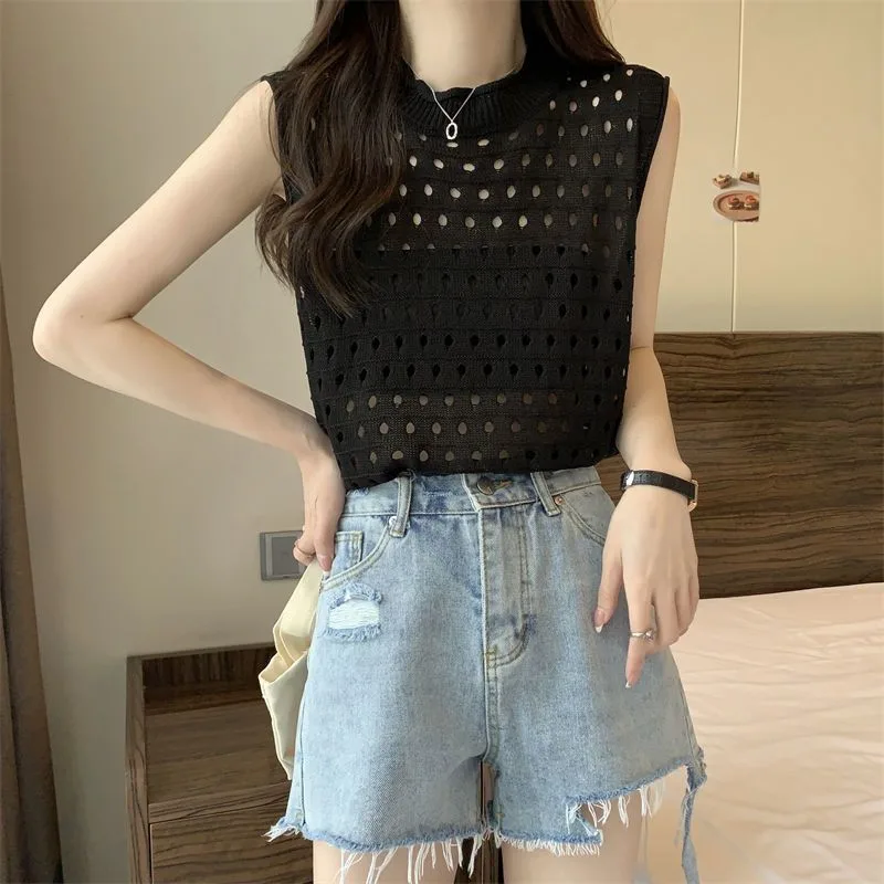 Design Solid Color Hollow Sweater Casual Loose - Black