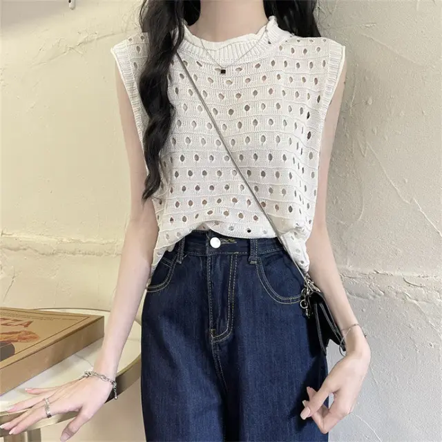 Design Solid Color Hollow Sweater Casual Loose White - Shop at LoveMi