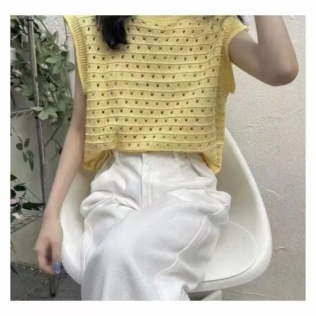 Design Solid Color Hollow Sweater Casual Loose Yellow - Shop at LoveMi