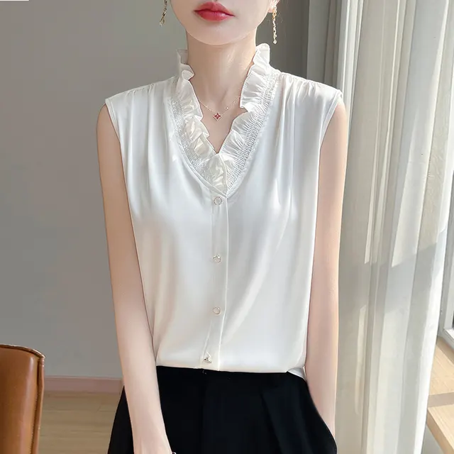Acetate Camisole Women's V neck Ruffled Soft Cloud White - Shop at LoveMi