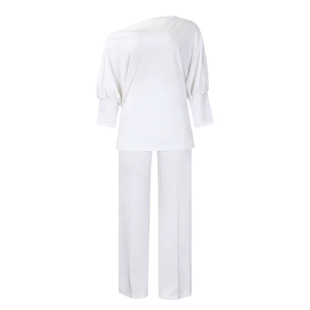 Diagonal Collar Top Wide Leg Pants Cross border Suit White - Shop at LoveMi