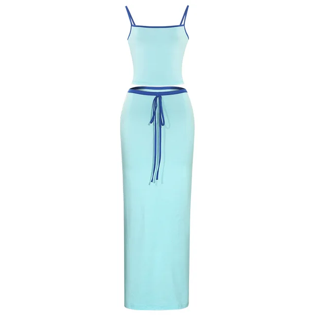 Sleeveless Tube Top Short Top High Waist Long Skirt Suit Blue D001St - Shop at LoveMi