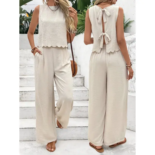 Women's Clothing Sleeveless Vest Casual Trousers Suit Apricot - Shop at LoveMi