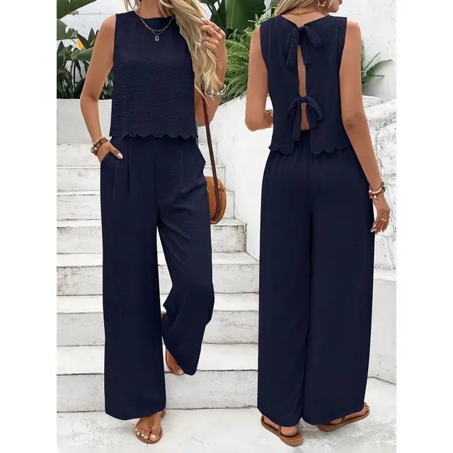 Women's Clothing Sleeveless Vest Casual Trousers Suit Dark Blue - Shop at LoveMi