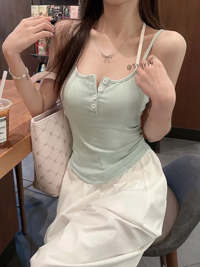 Pure Desire Style Fake Two Pieces Floral Spaghetti Straps Outerwear Slimming Summer Vest Mint Green - Shop at LoveMi