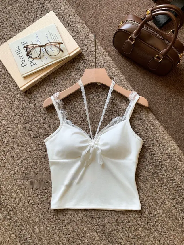 Pure Desire Style Lace Stitching Square Neck T shirt White - Shop at LoveMi